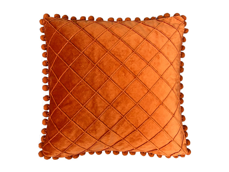 Plush Dutch Velvet Crinkle Pillow—Pom Pom Border, Solid Back, Invisible Zipper—Contemporary Home Decor