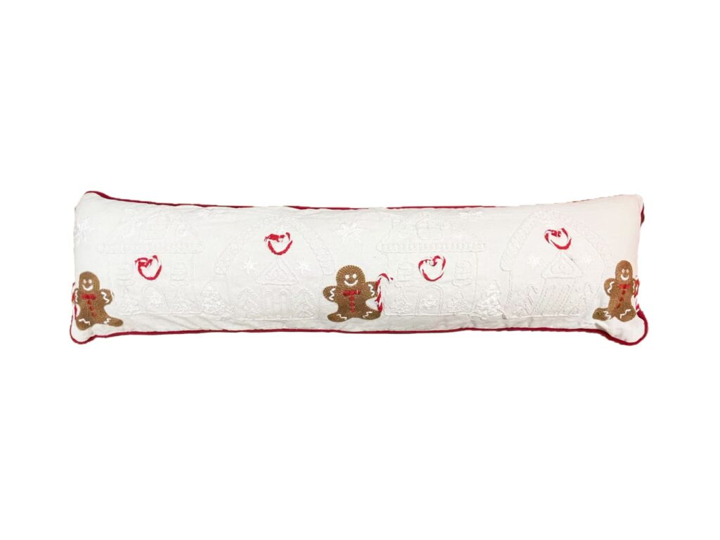 Holiday Candy Cane and Gingerbread Bolster – Embroidered Poly-Cotton Decorative Pillow
