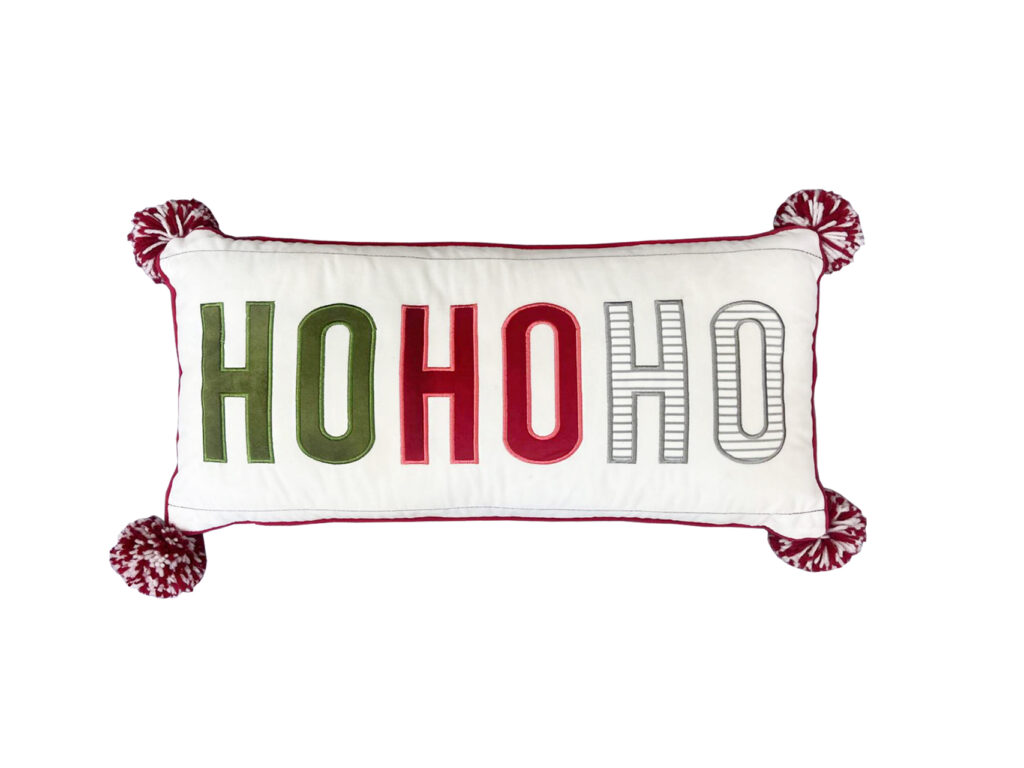 Christmas Velvet Embroidered “Ho Ho Ho” Pillow—Appliqué Design with Pom Poms on Four Corners