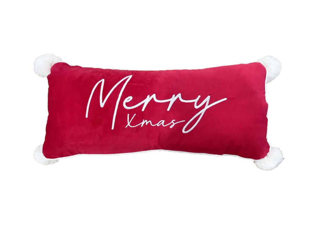 Red Dutch Velvet Christmas Throw Pillow with Embroidery & Pom-Poms