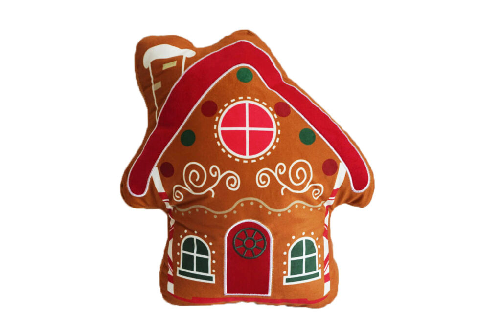 Gingerbread House Shaped Throw Pillow – 3D High Strip Design, Cute Decorative Cushion