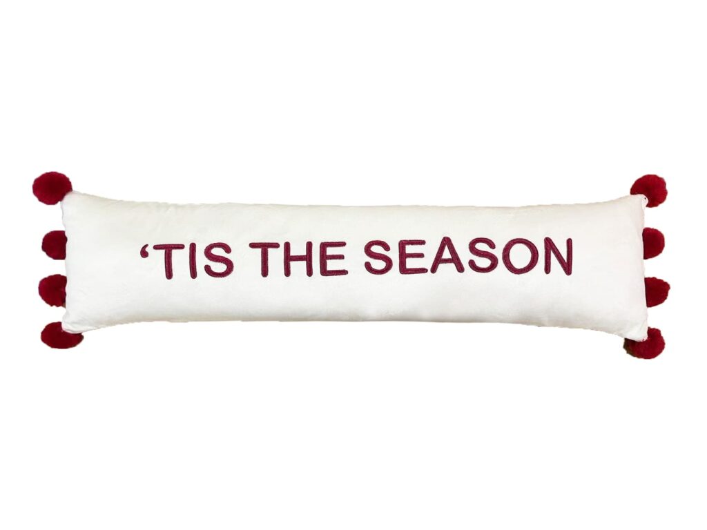 White Dutch Velvet Christmas Bolster Pillow with Red Embroidery and Pom-Poms