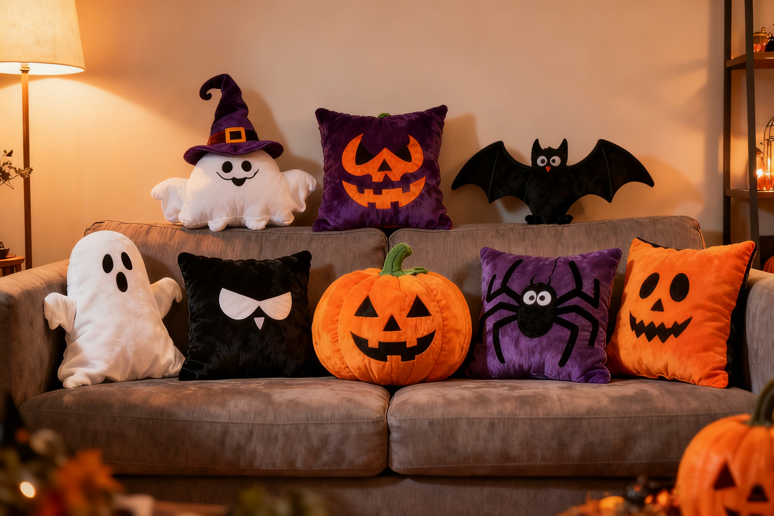 A collection of stylish Halloween throw pillows on a couch