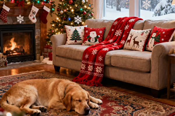 A classic red and green Christmas living room with pillows and a blanket.