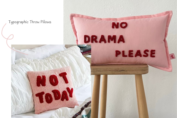 Close-up of an embroidered word on a textured pillow