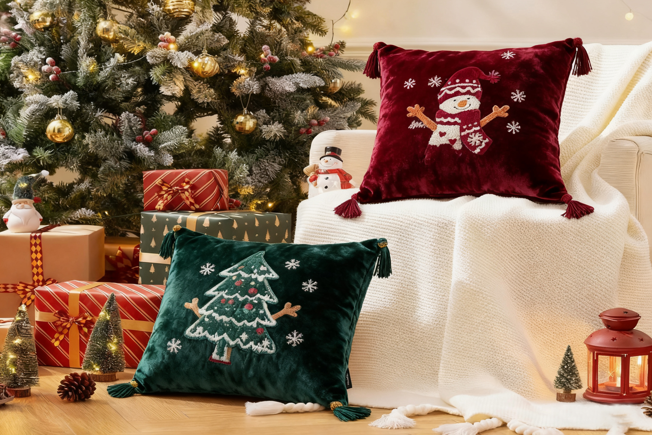 A sophisticated room with dark green walls and deep red velvet pillows.