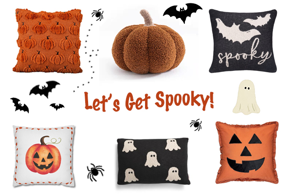 A detail shot showing different Halloween pillow fabrics and patterns like embroidery and print