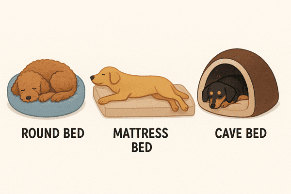 A collage of pets in different sleeping positions: curled up, stretched out, and burrowing under a blanket.