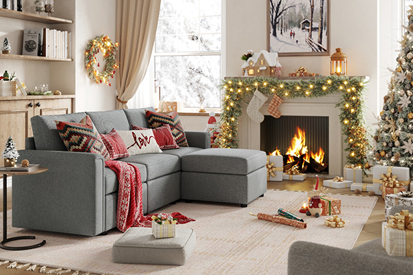 A beautifully decorated living room with a Christmas tree and festive pillows