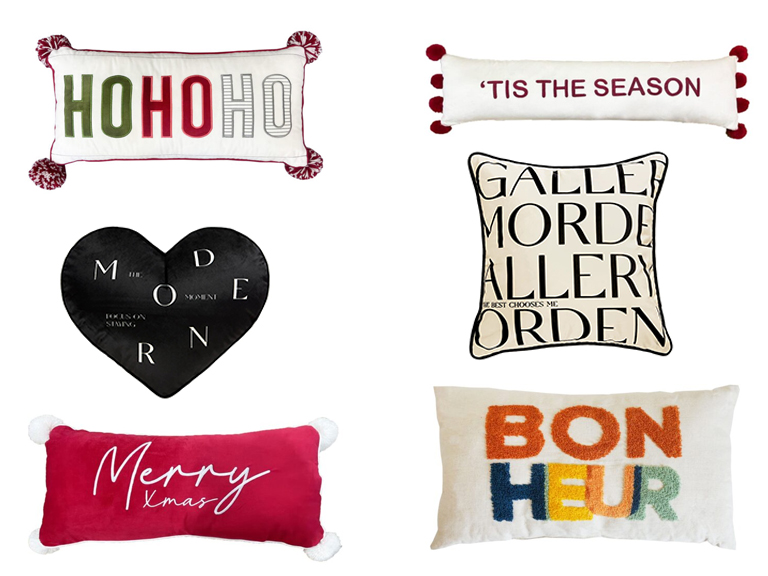 Different textile techniques like embroidery and appliqué on pillows