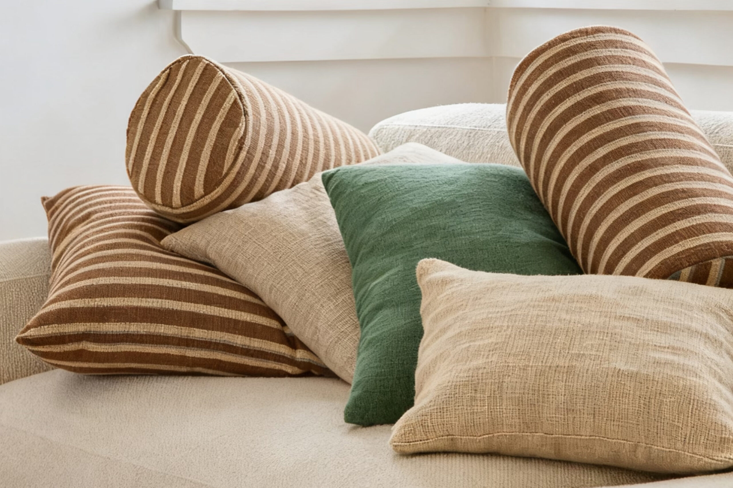 Assortment of different colored and textured linen pillows